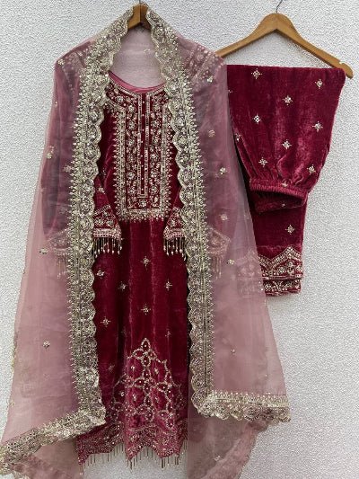 Mauve Pink Luxurious Velvet Embroidery Moti Work Suit - BONYHUBSALWAR KAMEEZ