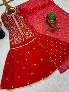 Red Georgette Embroidery Work Full Sleeves Sharara Suit - BONYHUBSALWAR KAMEEZ