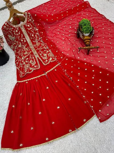 Red Georgette Embroidery Work Full Sleeves Sharara Suit - BONYHUBSALWAR KAMEEZ