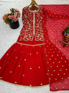 Red Georgette Embroidery Work Full Sleeves Sharara Suit - BONYHUBSALWAR KAMEEZ
