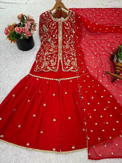 Red Georgette Embroidery Work Full Sleeves Sharara Suit - BONYHUBSALWAR KAMEEZ