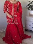 Red Georgette Embroidery Work Full Sleeves Sharara Suit - BONYHUBSALWAR KAMEEZ