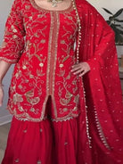 Red Georgette Embroidery Work Full Sleeves Sharara Suit - BONYHUBSALWAR KAMEEZ