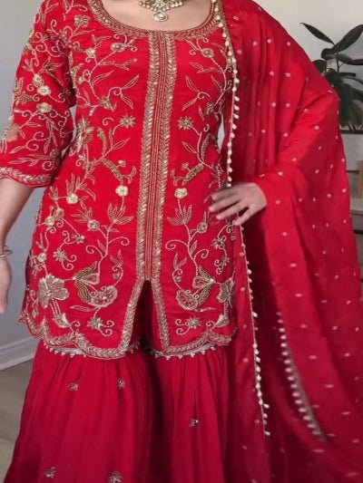 Red Georgette Embroidery Work Full Sleeves Sharara Suit - BONYHUBSALWAR KAMEEZ