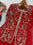 Red Georgette Embroidery Work Full Sleeves Sharara Suit - BONYHUBSALWAR KAMEEZ