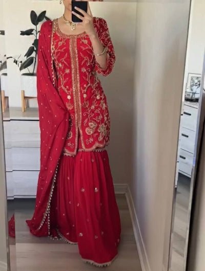 Red Georgette Embroidery Work Full Sleeves Sharara Suit - BONYHUBSALWAR KAMEEZ