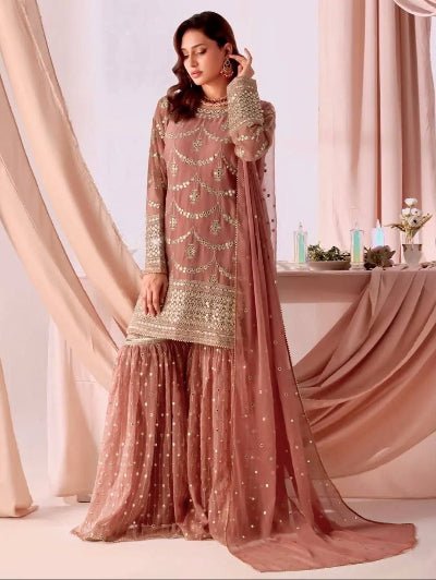 Pastel Peach Gold Gharara Suit Set - BONYHUBSALWAR KAMEEZ