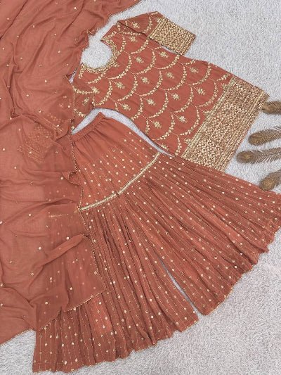 Pastel Peach Gold Gharara Suit Set - BONYHUBSALWAR KAMEEZ