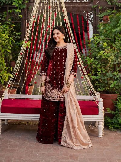Royal Maroon Velvet Embroidery Work Sharara Palazzo Suit - BONYHUBSALWAR KAMEEZ