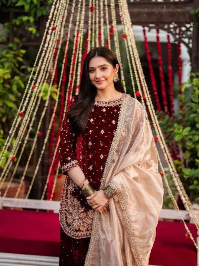 Royal Maroon Velvet Embroidery Work Sharara Palazzo Suit - BONYHUBSALWAR KAMEEZ