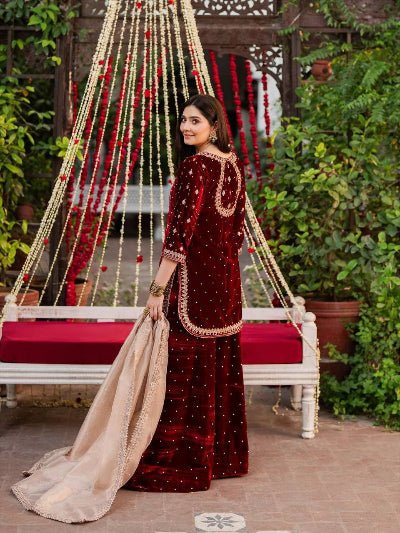 Royal Maroon Velvet Embroidery Work Sharara Palazzo Suit - BONYHUBSALWAR KAMEEZ
