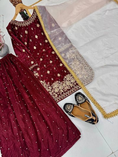Royal Maroon Velvet Embroidery Work Sharara Palazzo Suit - BONYHUBSALWAR KAMEEZ