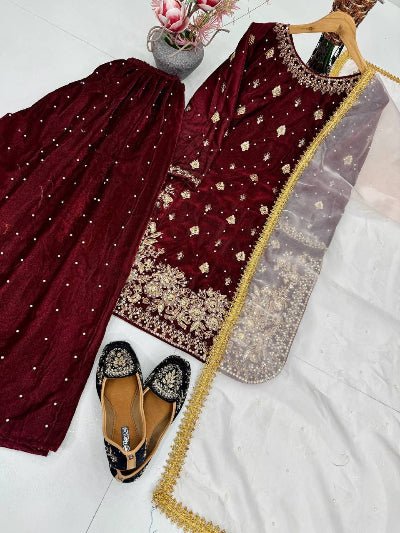 Royal Maroon Velvet Embroidery Work Sharara Palazzo Suit - BONYHUBSALWAR KAMEEZ