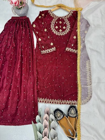 Royal Maroon Velvet Embroidery Work Sharara Palazzo Suit - BONYHUBSALWAR KAMEEZ