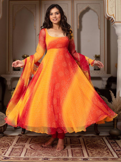 Orange Yellow Bandhani Georgette Anarkali Suit