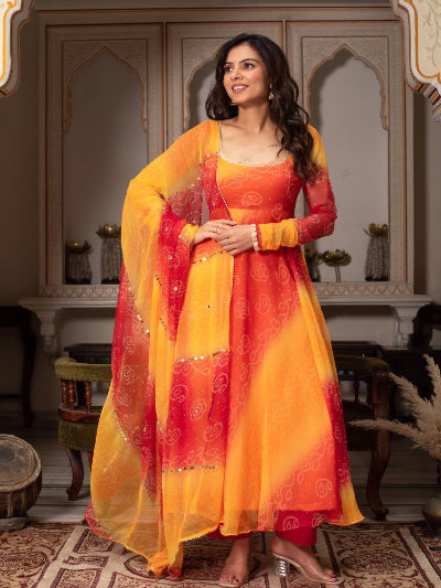 Orange Yellow Bandhani Georgette Anarkali Suit