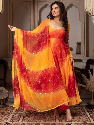 Orange Yellow Bandhani Georgette Anarkali Suit