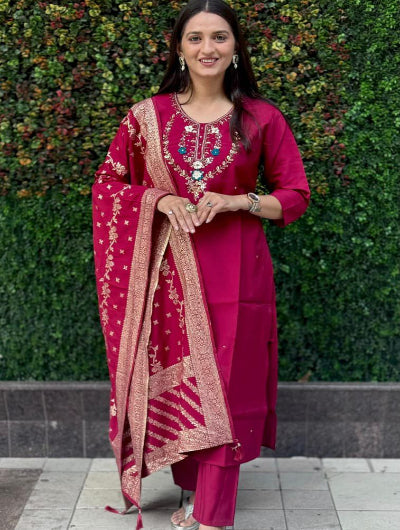 Deep Cherry Red Roman Silk Straight Suit Set