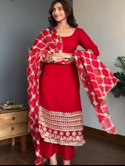 Red Georgette Gold Thread Embroidered Straight Suit Set