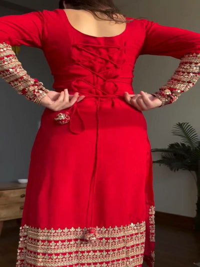 Red Georgette Gold Thread Embroidered Straight Suit Set