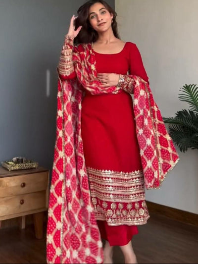 Red Georgette Gold Thread Embroidered Straight Suit Set