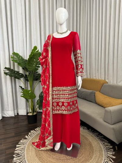 Red Georgette Gold Thread Embroidered Straight Suit Set