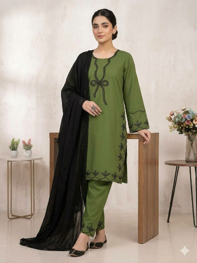 Olive Green Black Embroidered Palazzo Suit Set