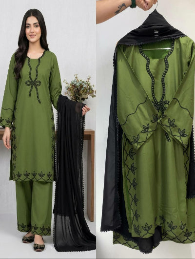 Olive Green Black Embroidered Palazzo Suit Set