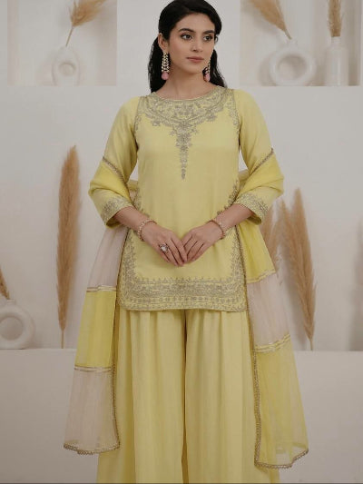 Butter Yellow Crepe Silk Embroidered Sharara Palazzo Set