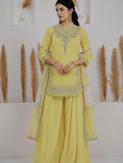 Butter Yellow Crepe Silk Embroidered Sharara Palazzo Set