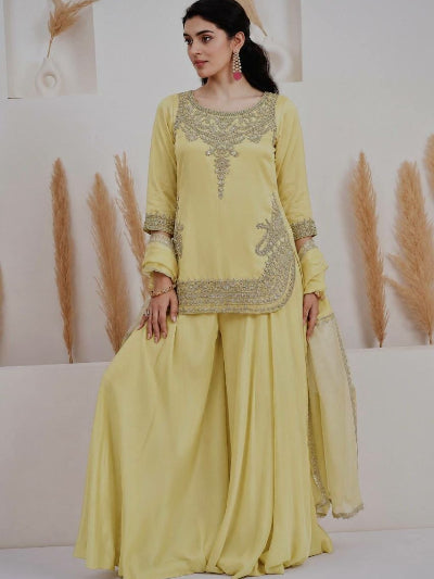 Butter Yellow Crepe Silk Embroidered Sharara Palazzo Set