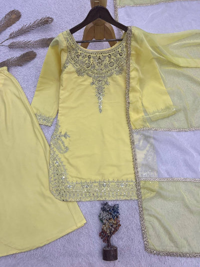 Butter Yellow Crepe Silk Embroidered Sharara Palazzo Set