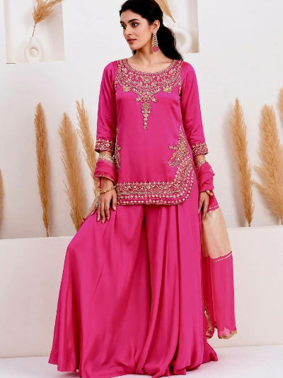 Hot Pink Crepe Silk Embroidered Sharara Palazzo Set