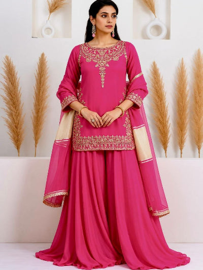 Hot Pink Crepe Silk Embroidered Sharara Palazzo Set