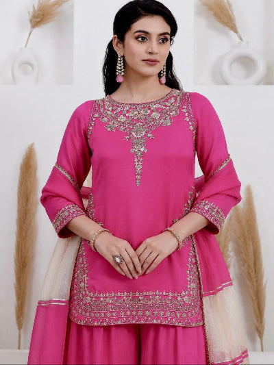 Hot Pink Crepe Silk Embroidered Sharara Palazzo Set