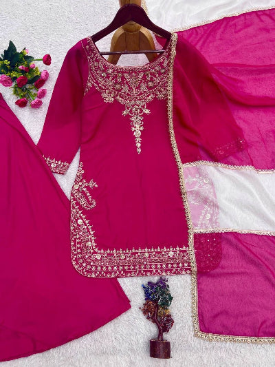 Hot Pink Crepe Silk Embroidered Sharara Palazzo Set