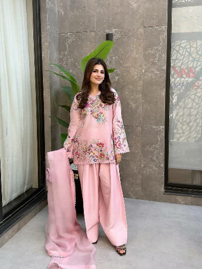 Light Pink Embroidery Work Farshi Salwar Suit
