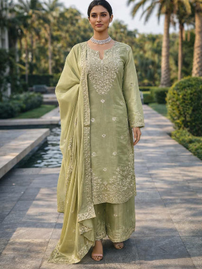 Pastel Green Elegant Thread Work Straight Palazzo Suit