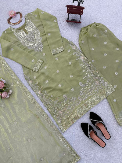 Pastel Green Elegant Thread Work Straight Palazzo Suit