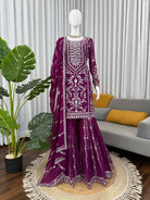 Plum Georgette Sequin Thread Work Work Sharara Set - BONYHUBSALWAR KAMEEZ