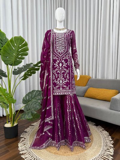 Plum Georgette Sequin Thread Work Work Sharara Set - BONYHUBSALWAR KAMEEZ