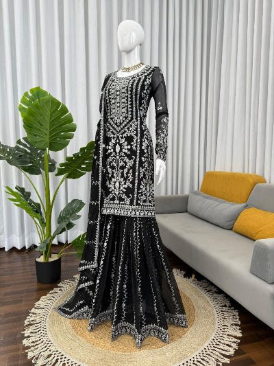 Black Georgette Sequin Thread Work Work Sharara Set - BONYHUBSALWAR KAMEEZ