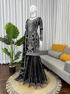 Black Georgette Sequin Thread Work Work Sharara Set - BONYHUBSALWAR KAMEEZ