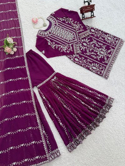 Plum Georgette Sequin Thread Work Work Sharara Set - BONYHUBSALWAR KAMEEZ