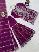 Plum Georgette Sequin Thread Work Work Sharara Set - BONYHUBSALWAR KAMEEZ