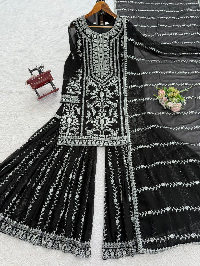 Black Georgette Sequin Thread Work Work Sharara Set - BONYHUBSALWAR KAMEEZ