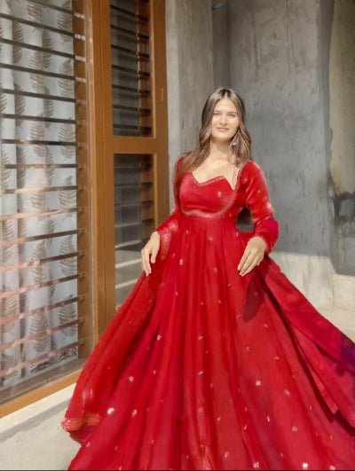 Hot Red Silk Sequin Detailing Anarkali Suit - BONYHUBSALWAR KAMEEZ