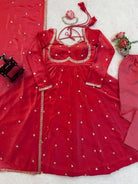Hot Red Silk Sequin Detailing Anarkali Suit - BONYHUBSALWAR KAMEEZ