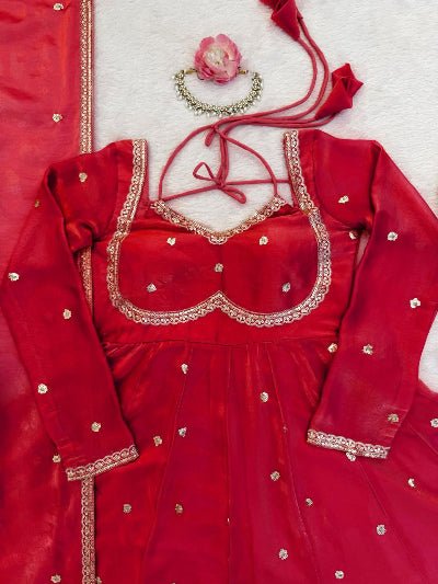 Hot Red Silk Sequin Detailing Anarkali Suit - BONYHUBSALWAR KAMEEZ