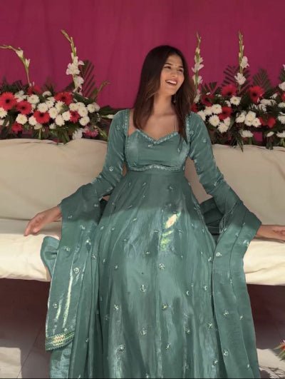 Pastel Sage Green Silk Sequin Detailing Anarkali Suit - BONYHUBSALWAR KAMEEZ